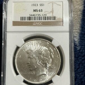 Graded 1923 Peace Silver Dollar - Silver MS63